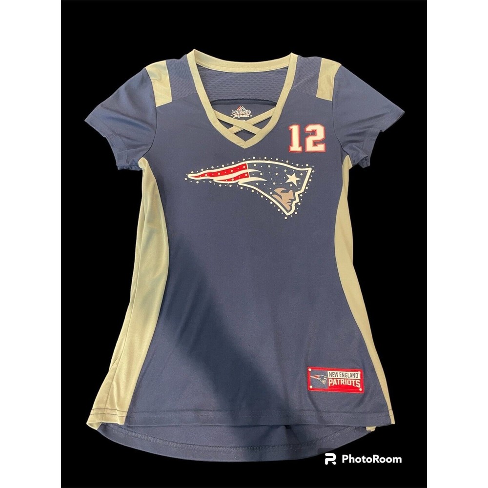 New England Patriots Tom Brady Majestic Jersey Shirt Womens Small Blue w/ Bling